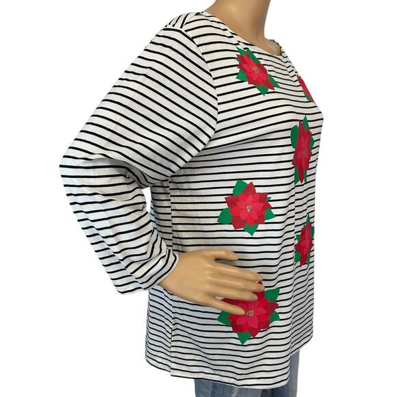 2/$15 Ruby Rd. Striped Poinsettia Top Boat Neck Holiday Christmas Size M - Picture 4 of 9